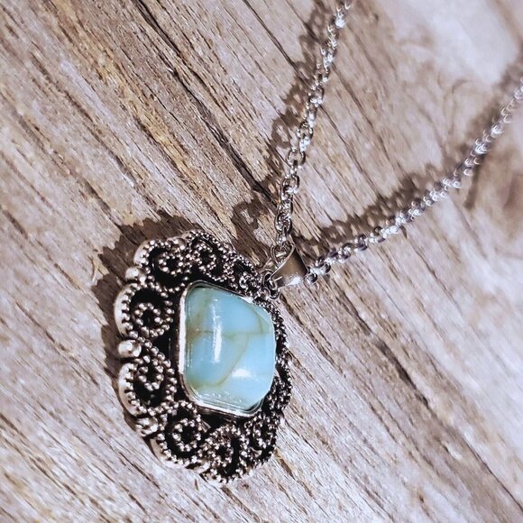 Filigree Rhombus Turquoise Blue Stone Silver Chain Necklace - Picture 2 of 4